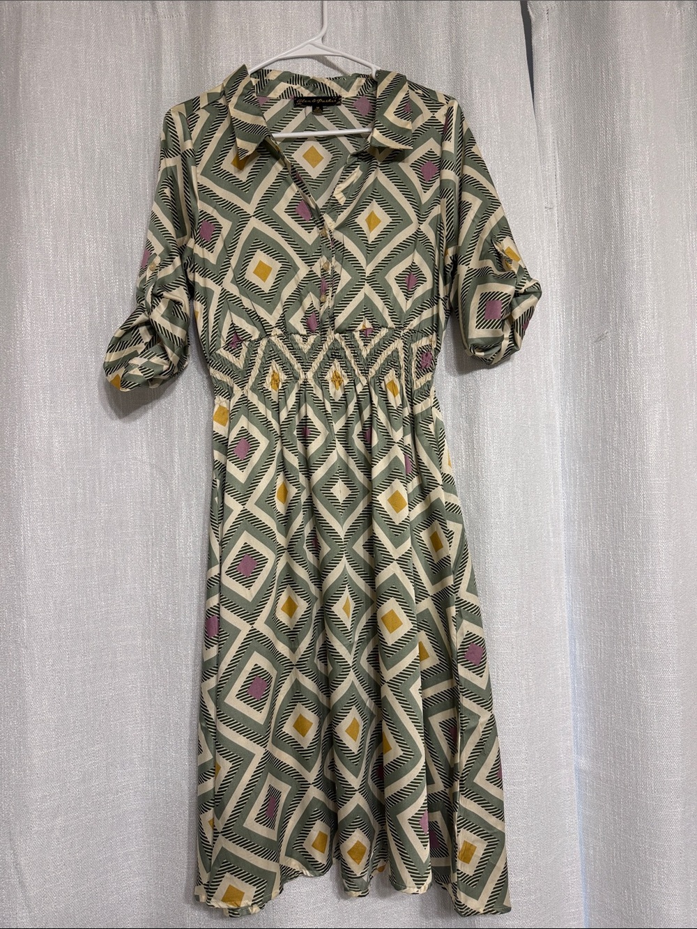 Collared Geometric Midi Dress in Sage with Mustard & Pink Accents